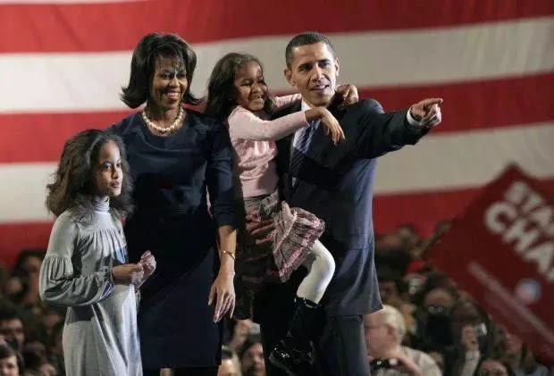 Barack Obama, right, campaigning for the US presidency in 2008, with 2 his wife Michelle and their daughters Malia, left, and Sasha. Photograph: Ryan Anson/Bloomberg News
