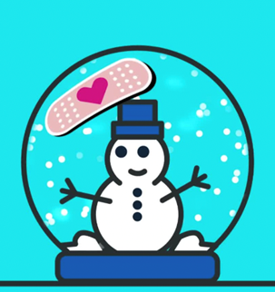 Illustration of a snowman with a bandaid with a heart