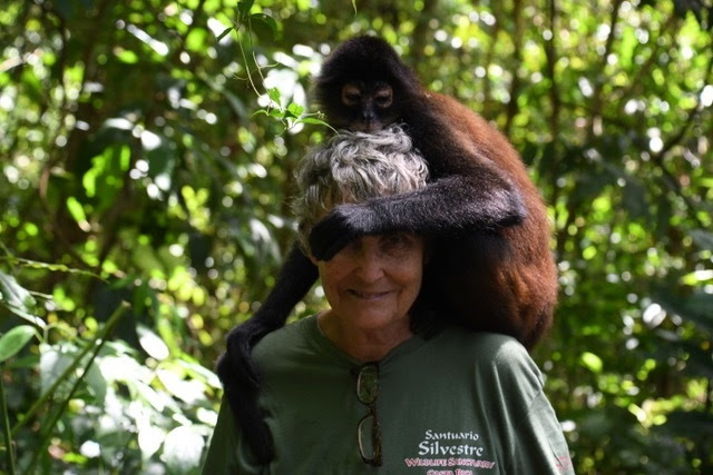 Carol with spider monkey on her shoulders, arm wrapped around Carol's head