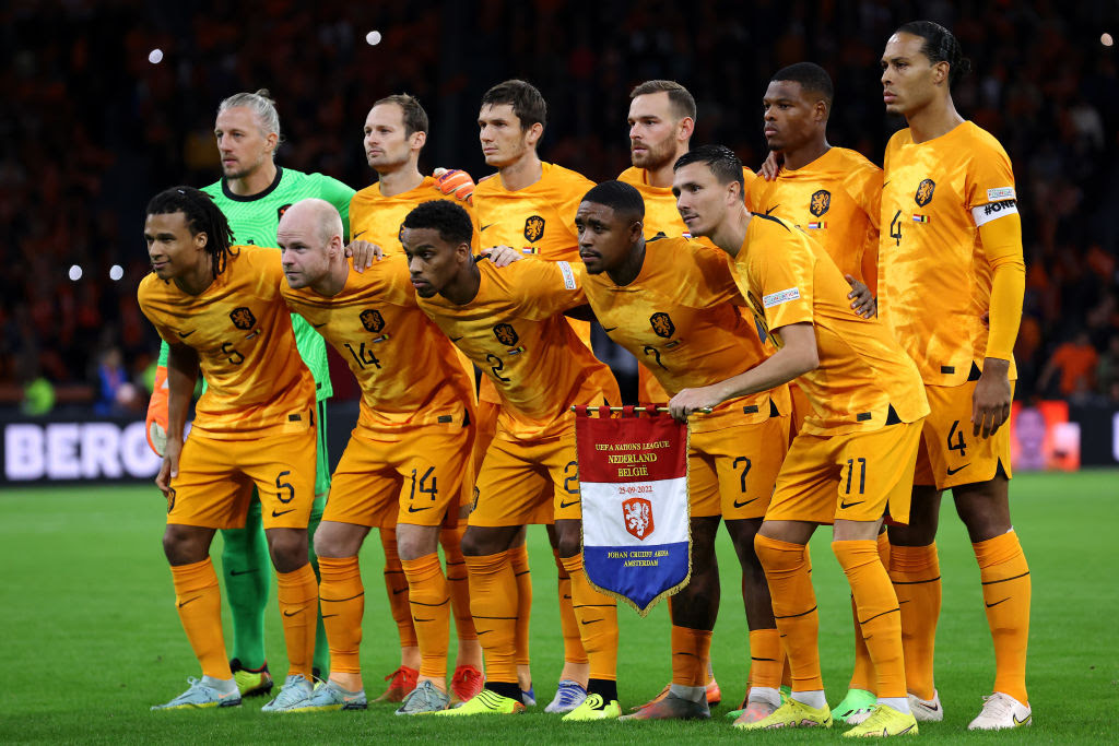 The team of Netherlands line up during the UEFA Nations League League A Group 4 match between Netherlands and Belgium at Johan Cruijff ArenAon