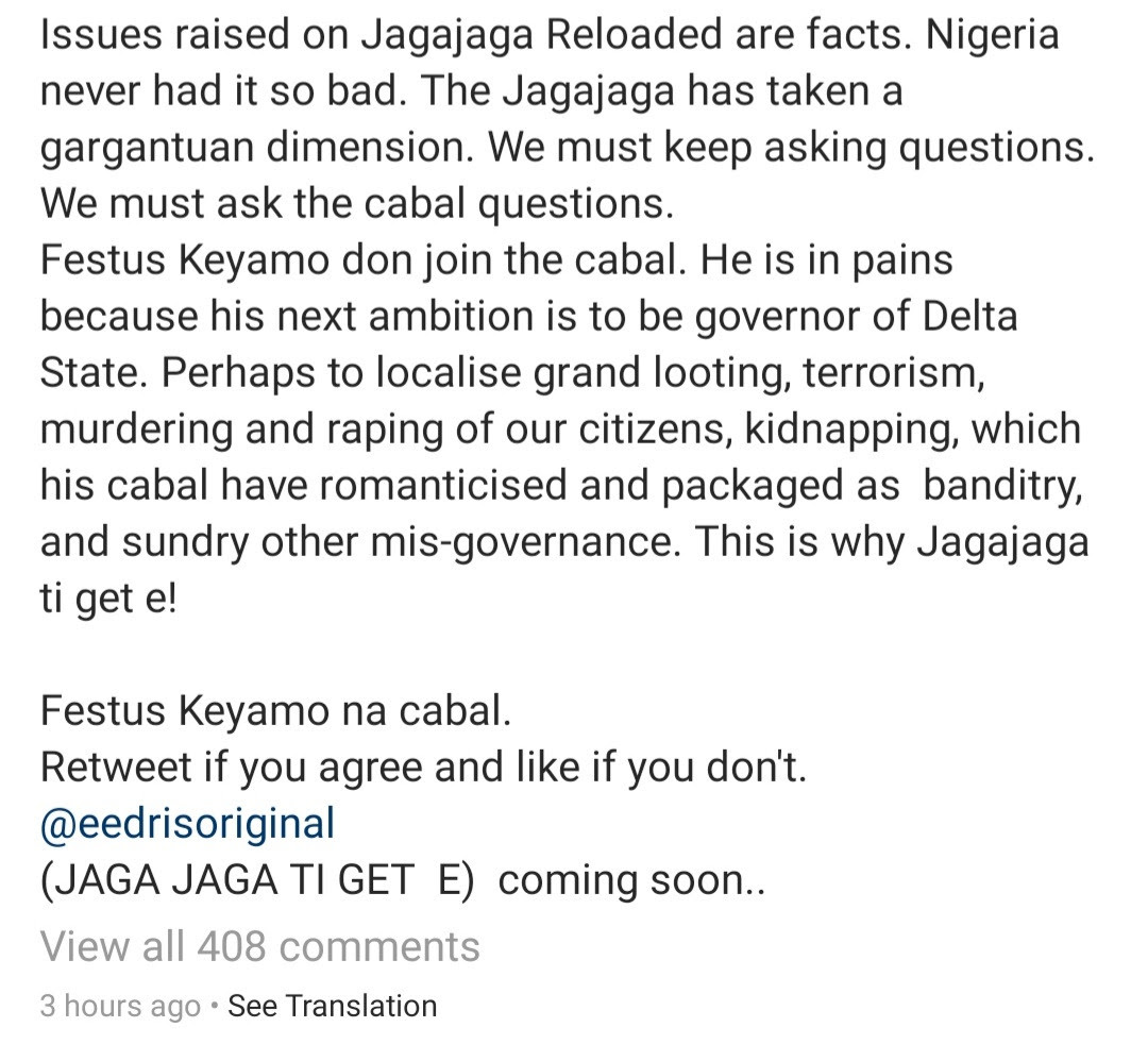 Eedris Abdulkareem hits back after Festus Keyamo accused him of singing about him following an alleged failed attempt at blackmail 