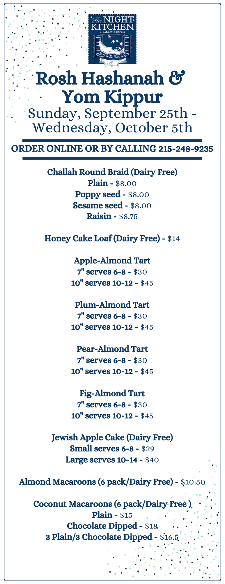 Orders Taken for Rosh Hashanah Yom Kippur at Night Kitchen