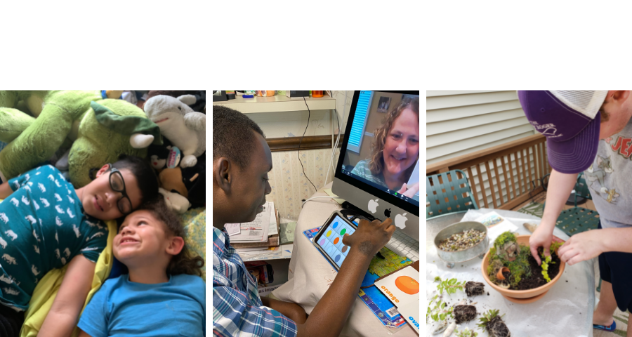 An image of the photo contest winners from 2020. The first image on the left is two young children in grey shirts laying on top of stuffed animals. The image in middle is an African-American man with short hair in a striped shirt having a virtual meeting on his computer. The image on the right is a man in a purple hat and a grey t-shirt leaning down to tend to a plant. 