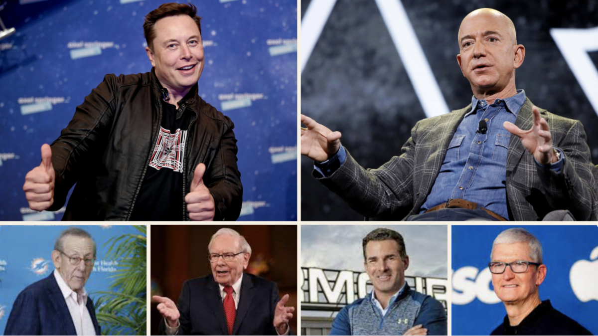 From top left: Tesla’s Elon Musk, Amazon’s Jeff Bezos, real estate mogul and Miami Dolphins owner Stephen Ross, Berkshire Hathaway’s Warren Buffet, Under Armour’s Kevin Plank, Apple’s Tim Cook.