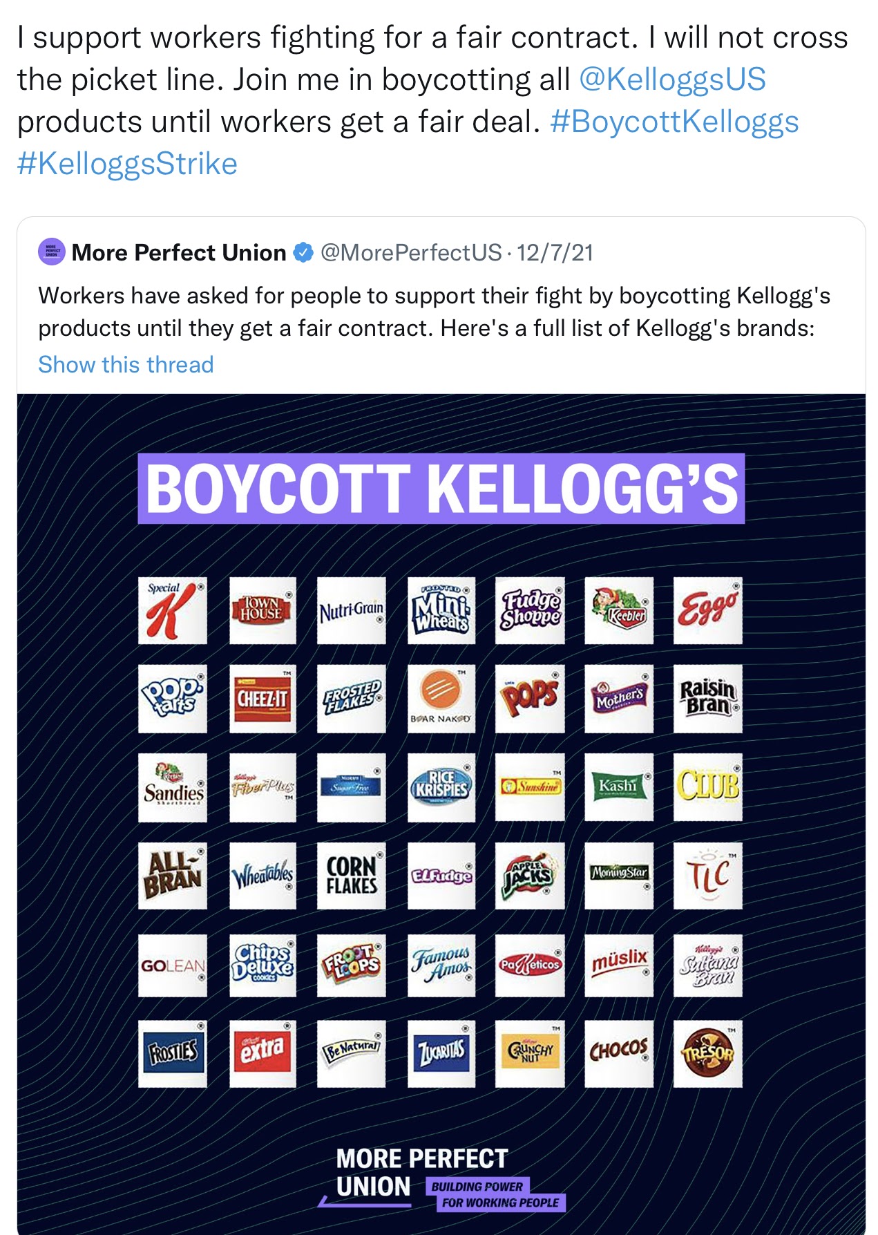 Tweet text is: I support workers fighting for a fair contract. I will not cross the picket line. Join me in boycotting all @kelloggsUS products until workers get a fair deal. #BoycottKelloggs #KellooggsStrike