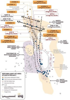 Figure 1. Location map for holes reported in this news release along sections G-G’ and H-H’ relative to the perimeter of the historical Atlanta Pit and footprint of the Gustavson 2020 NI 43-101 resource. (CNW Group/Nevada King Gold Corp.)