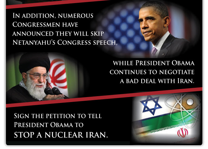 In addition, numerous Congressmen have announced they will skip Netanyahu's Congress speech, while President Obama continues to negotiate a bad deal with Iran.