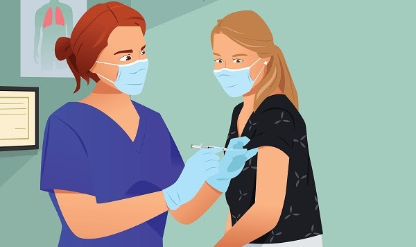 illustration of woman receiving injection in her left arm