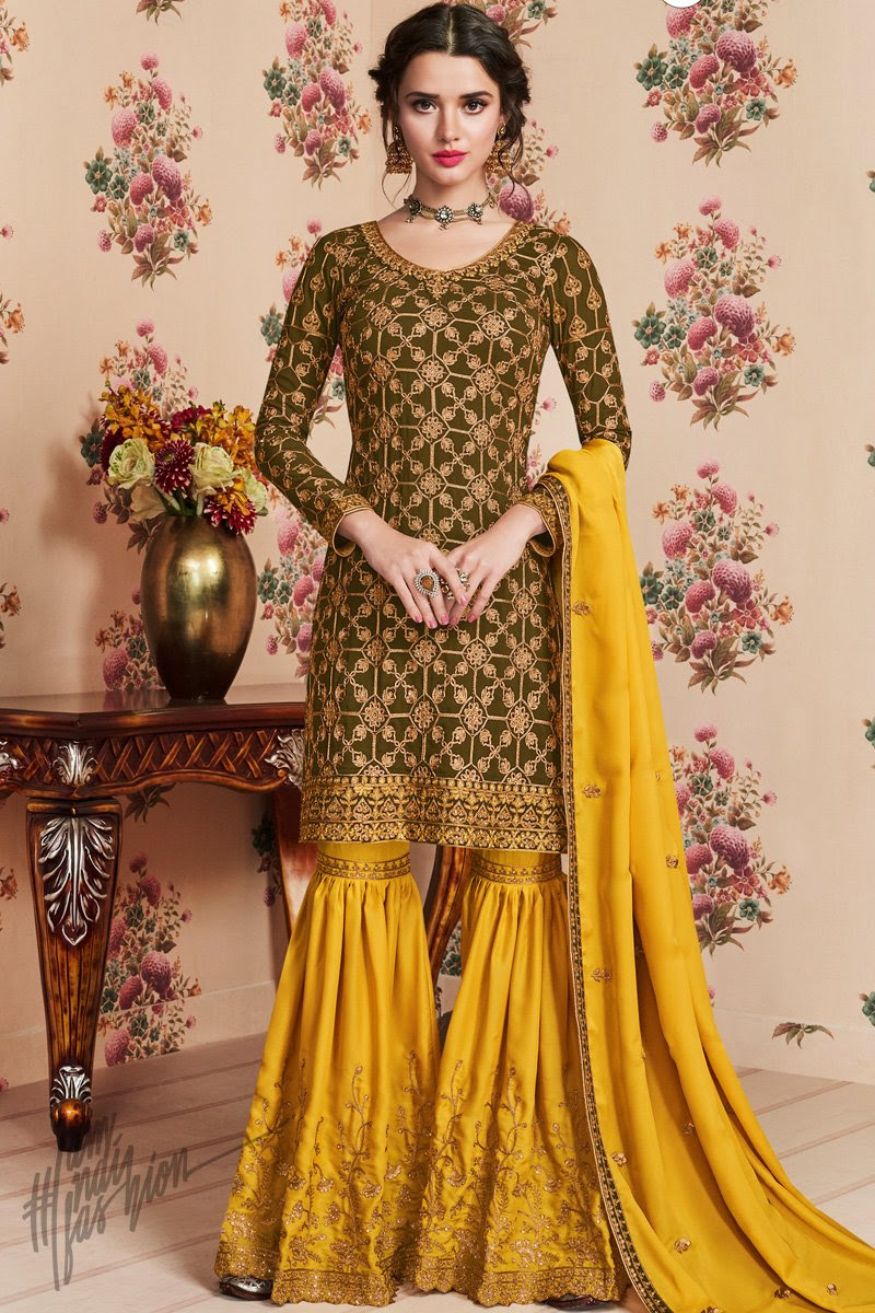 Mehandi Green and Haldi Yellow Georgette Party Wear Sharara Suit