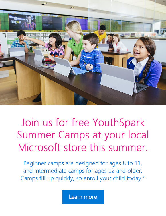 Join us for free YouthSpark Summer Camps at your local Microsoft store this summer. Learn more
