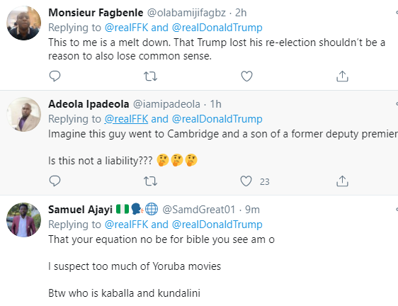 Nigerians react to FFK referring to US president-elect Kamala Harris as 