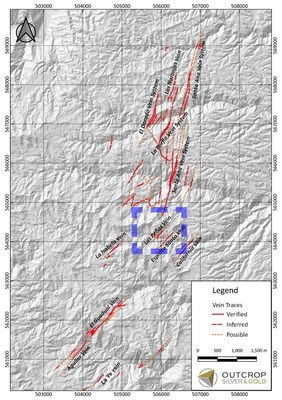 Map 2. Location of Las Peñas vein at Las Maras, 3 km south of the Royal Santa Ana vein system and 2 kilometres north-east from the Aguilar-Guadual vein system. Detailed work will probably show continuity between these vein zones. (CNW Group/Outcrop Silver & Gold Corporation)