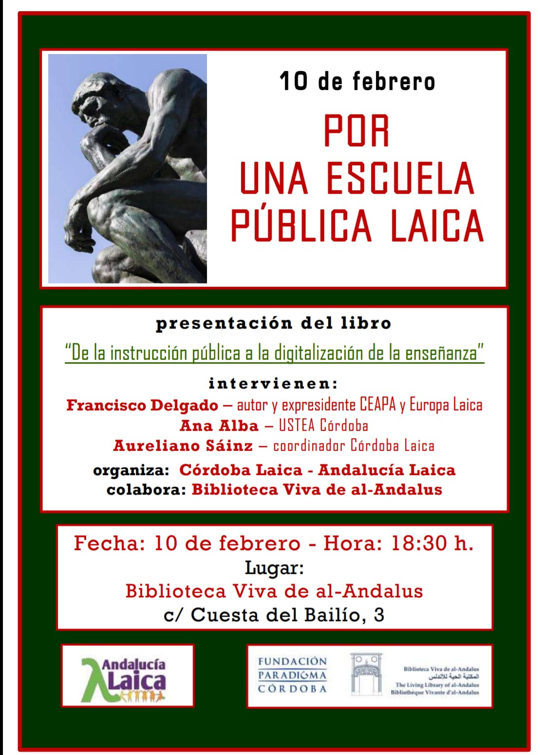 Córdoba Laica: Presentación del libro de Francisco Delgado ＂De la instrucción pública a la digitalización de la enseñanza＂