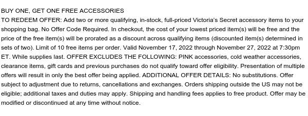  11.17-11.27 8p ET Buy 1, Get 1 Free Accessories