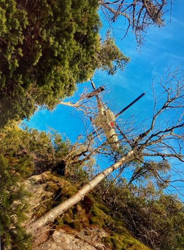 view from below hovering helicopter during rescue