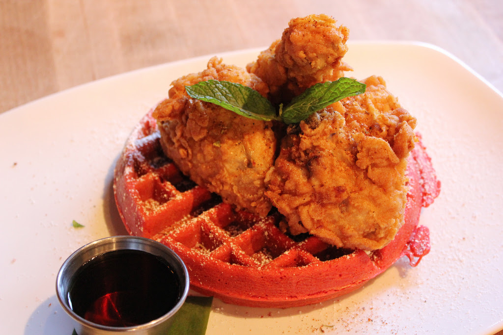 red velvet waffles and fried chicken