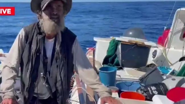 Sydney man Tim Shaddock and his dog Bella were picked up by a tuna trawler off the coast of Mexico, after being spotted by a helicopter accompanying the ship. Picture: Nine News