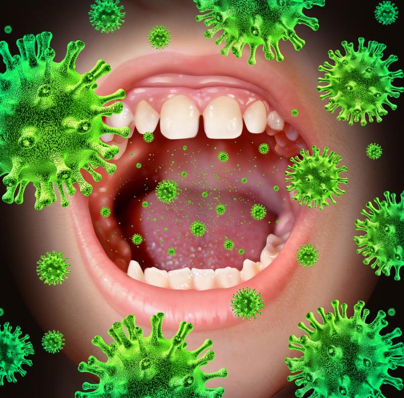 Contagious disease transmiting a virus infection with an open human mouth spreading dangerous infectious germs and bacteria while coughing during a cold or flu symptoms.