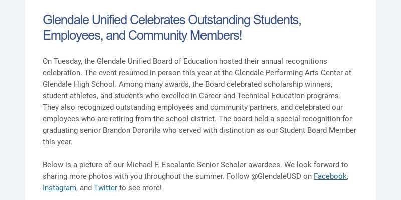 Glendale Unified célèbre les étudiants, les employés et les membres de la communauté exceptionnels ! Mardi,...