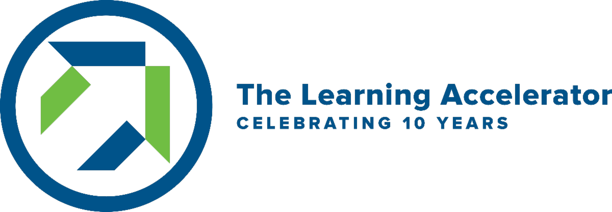 The Learning Accelerator Celebrating 10 Years Logo with a Blue and Green arrow inside of a Blue Circle