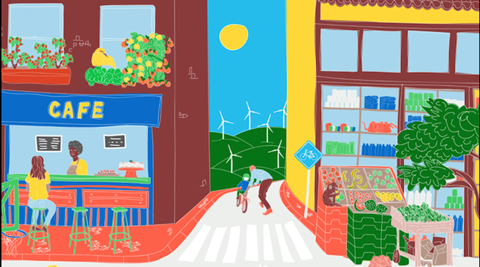 A playful illustration of a green city with happy people, healthy food, wind energy turbines in the background.