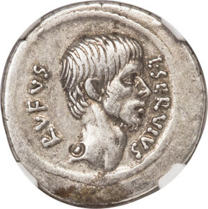 L. Servius Rufus (ca. 43 BC). AR denarius (19mm, 3.85 gm, 7h). NGC Choice VF★ 4/5 - 4/5, bankers mark