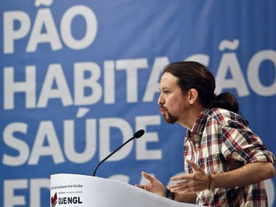 El líder de Podemos, Pablo Iglesias, durante su intervención en la IX convención del Bloque de Izquierdas portugués este fin de semana. EFE
