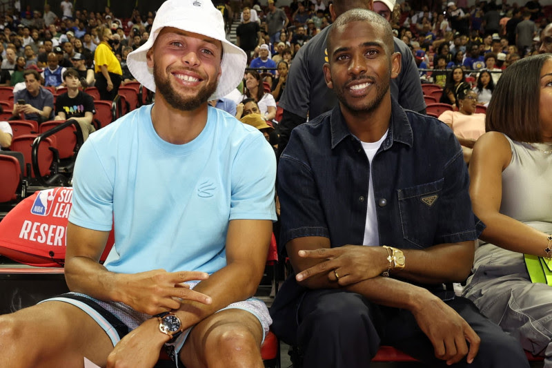 LAS VEGAS, NV - JULY 9: Stephen Curry #30 and Chris Paul #3 of the Golden State Warriors pose for a photo during the 2023 NBA Las Vegas Summer League on July 9, 2023 at the Thomas & Mack Center in Las Vegas, Nevada. NOTE TO USER: User expressly acknowledges and agrees that, by downloading and or using this photograph, User is consenting to the terms and conditions of the Getty Images License Agreement. Mandatory Copyright Notice: Copyright 2023 NBAE (Photo by Jim Poorten/NBAE via Getty Images)