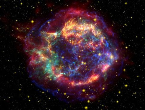 Remanente de supernova CassiopeaA. Se cree que la explosión tuvo lugar hace unos 300 años, pero no fue observada en la Tierra por polvo interestelar que ocultó la luz en longitudes de ondas del visible, únicas posibles observadas en aquella época mediante telescopios ópticos.