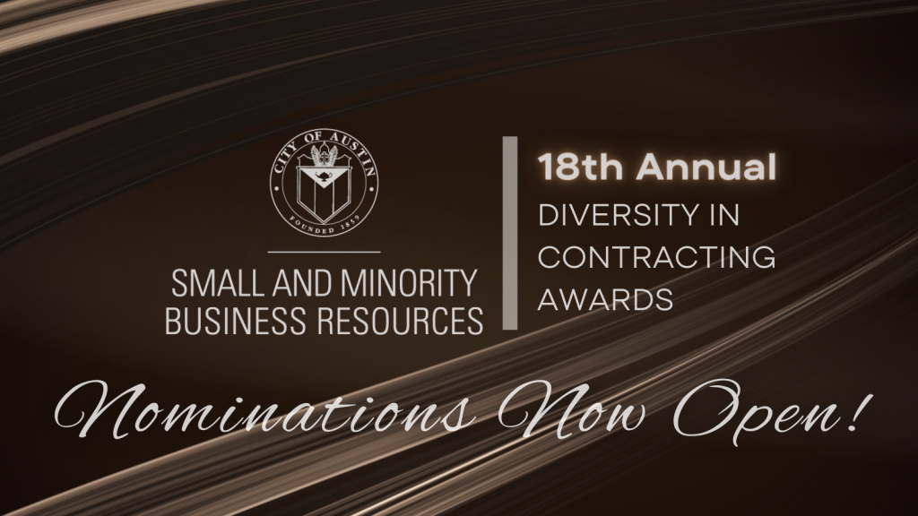 black and brown image featuring SMBR logo that read nominations are now open for the 2023 diversity in Contracting Awards