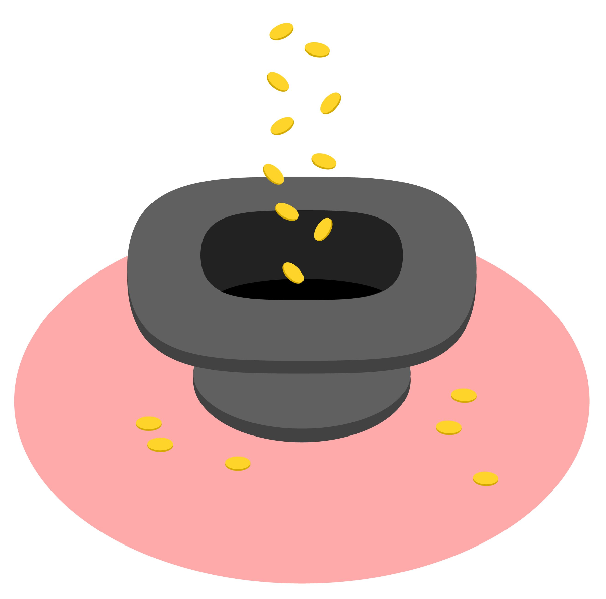 Illustration of coins dropping into an upside-down black top hat