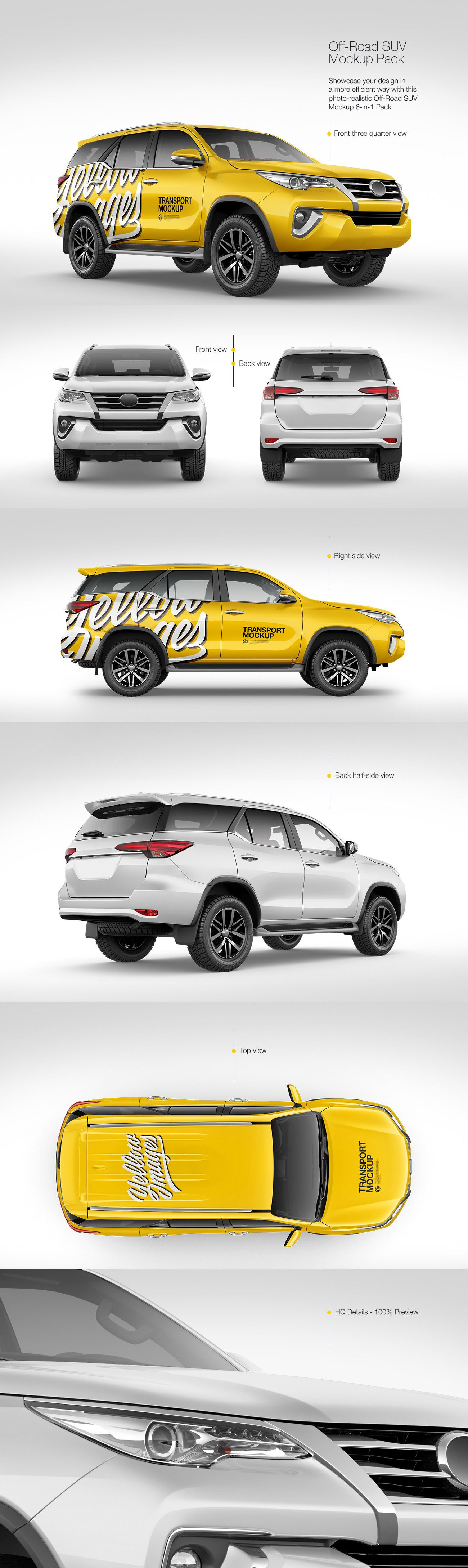 OffRoad SUV Mockup Pack in Handpicked Sets of Vehicles on Yellow
