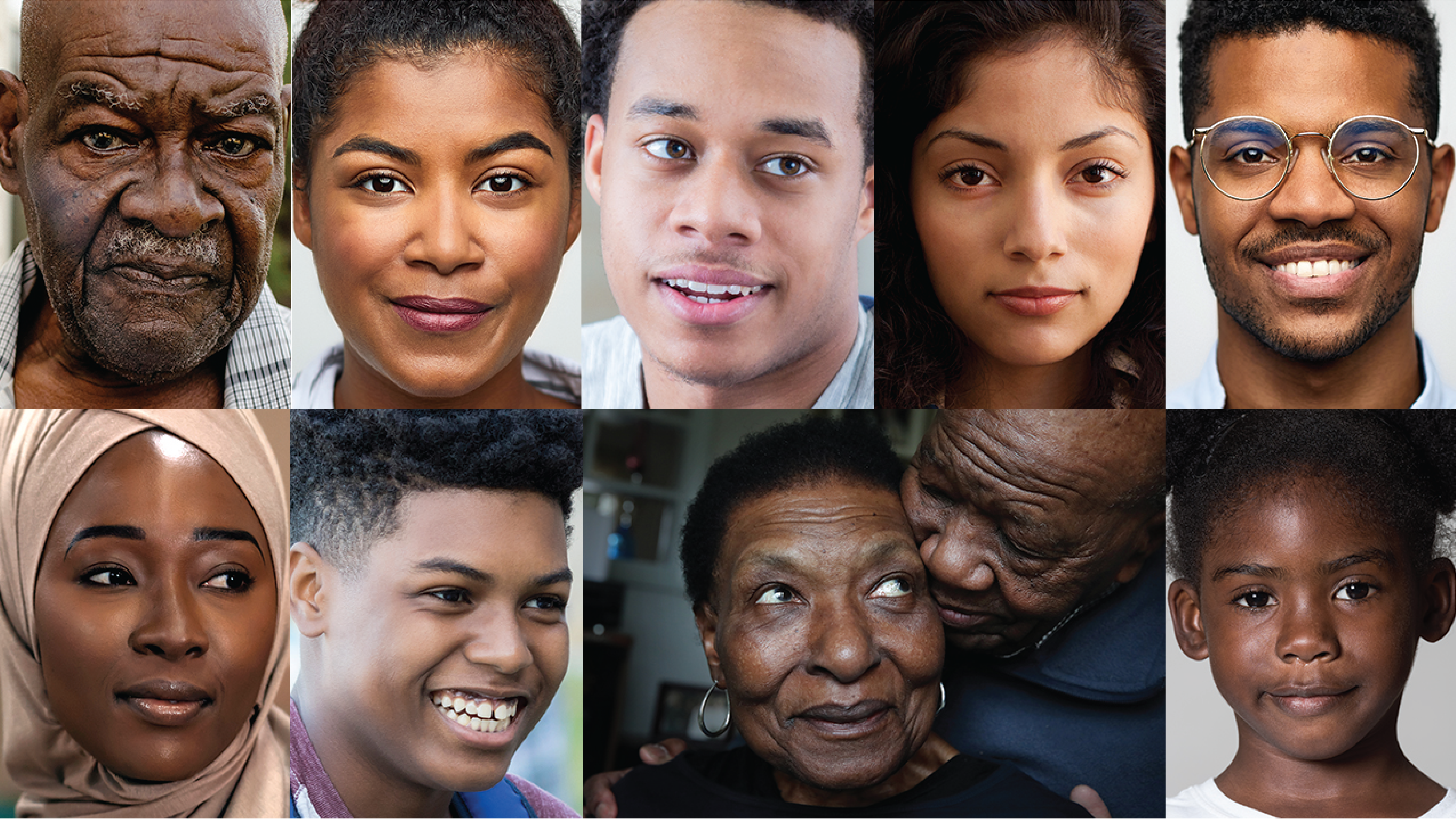 A collection of 10 Black faces, young, old, male, and female.