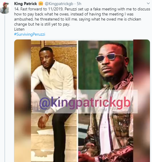 "See my reward for helping Peruzzi" Record producer who claims to have helped Peruzzi before he got recognized, accuses him of betrayal