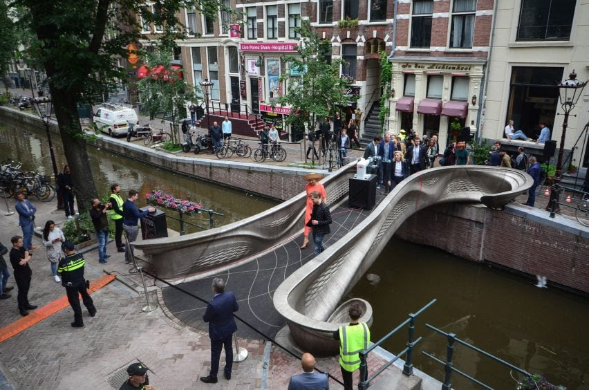 queen maxime pictured walking across the MX3D Bridge