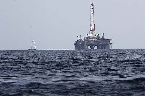 A natural gas drill rig in the Mediterranean.