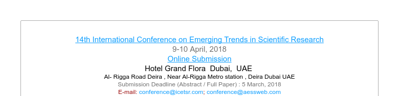 14th International Conference on Emerging Trends in Scientific Research9-10 April, 2018Online Sub...