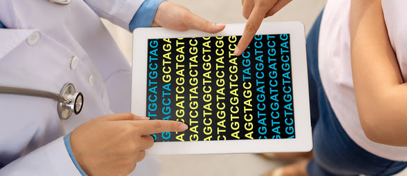 Health care workers studying genetic sequences