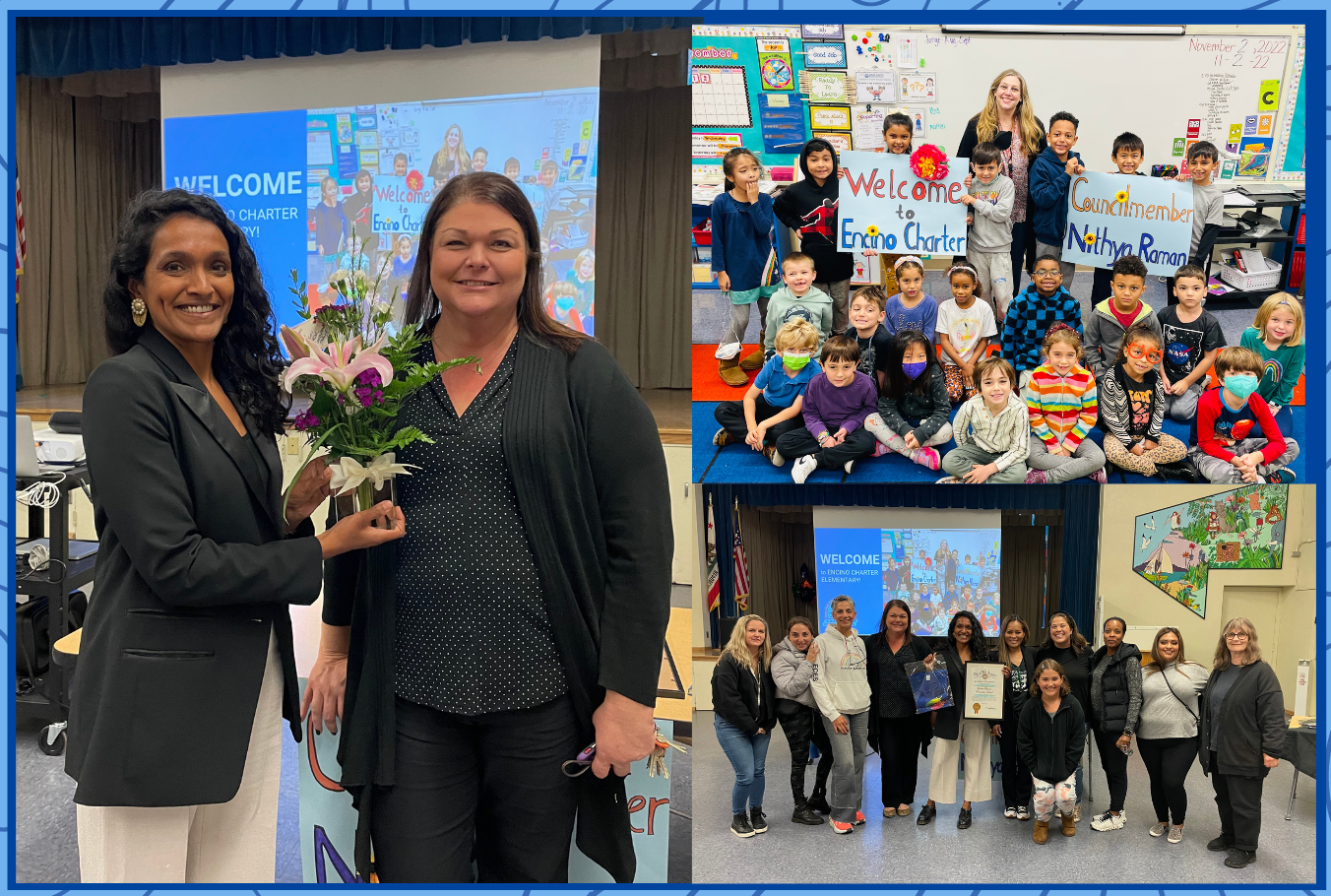 Images from encino charter elementary - photo with PTA standing

with councilmember raman, photo of student classroom holding a \