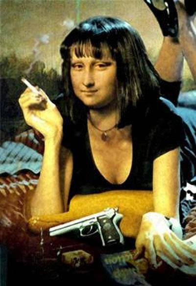 A modern remakes of Leonardo's Mona Lisa. This could be a photoshop manipulation redux of Cindy Sherman!