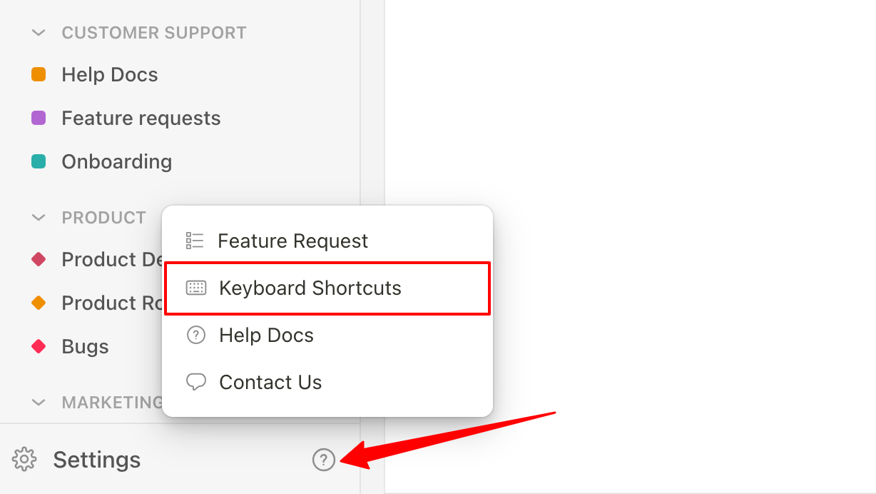 Upbase: how to open the keyboard shortcuts popup.