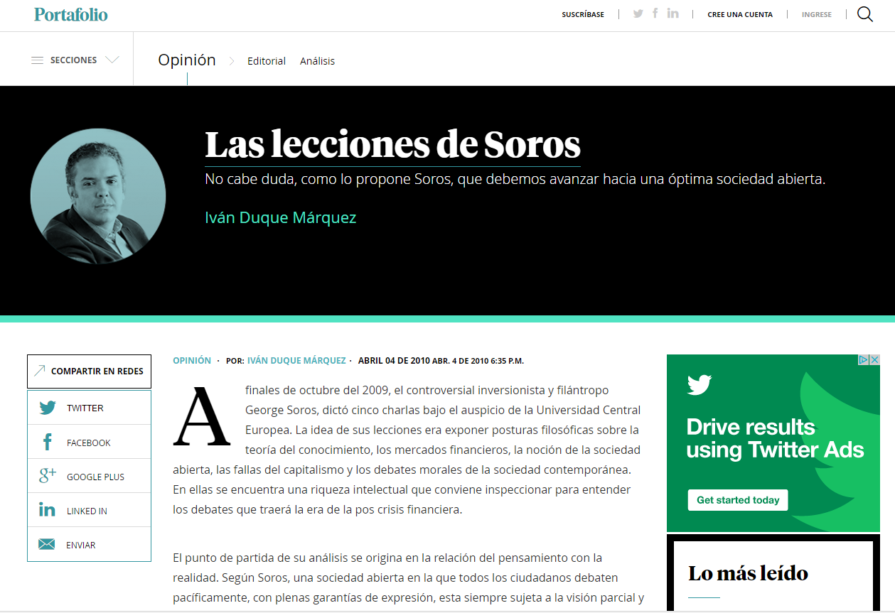 Una de las apologías de Duque a George Soros