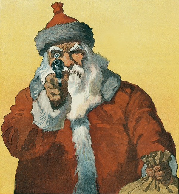 Art showing Santa holding a gun