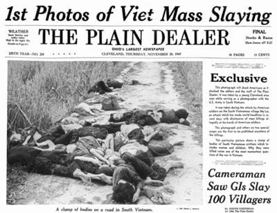 Plain Dealer front page reports mass killing of between 347 and 504 South Vietnamese civilians by U.S. Army soldiers on March 16, 1968