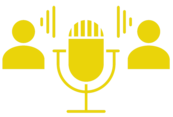 Graphic of microphone between two human silhouettes speaking to each other