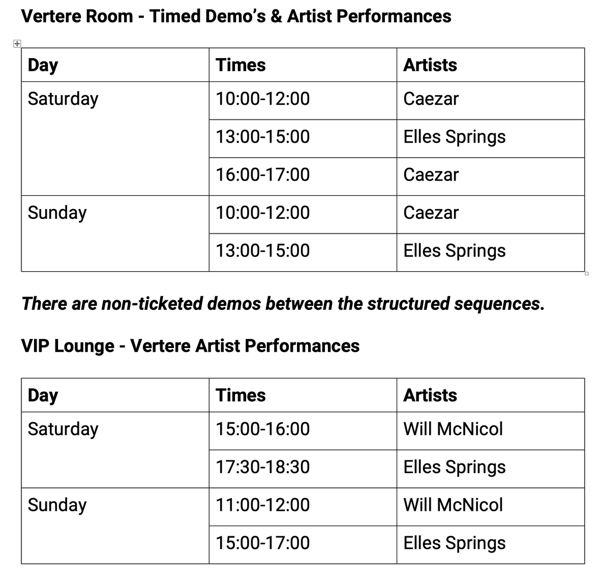 Vertere demos and artist performance times