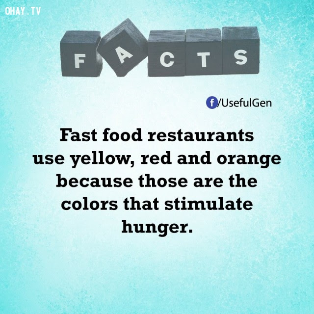 11. Những cửa hàng thức ăn nhanh sử dụng màu vàng, đỏ và cam bởi vì đó là những màu sắc kích thích cơn đói.,tâm lý học,sự thật thú vị,sự thật đáng kinh ngạc,những điều thú vị trong cuộc sống,khám phá