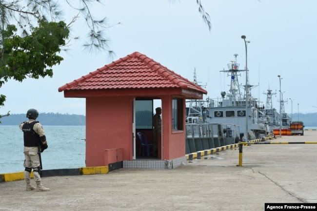 FILE - Cambodian navy personnel guard a jetty in Ream naval base in Preah Sihanouk province during a government organized media tour on July 26, 2019. (AFP)