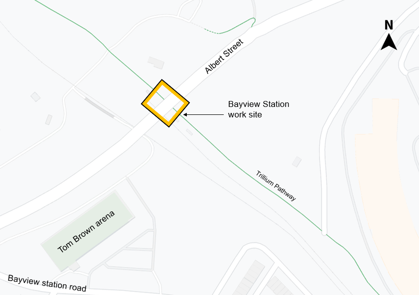 A map showing the location of the Bayview Station work site, located underneath Albert Street where it intersects with the Trillium Rail Line