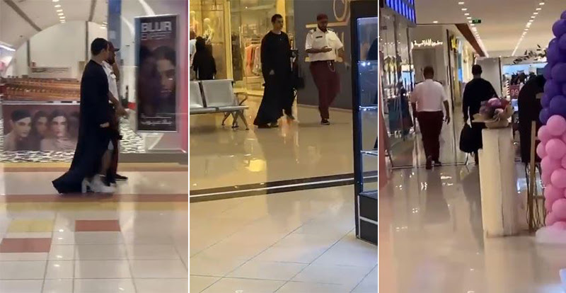 فيديو يثير جدلاً وتفاعلاً واسعًا.. رجل يرتدي ملابس نسائية وكعب عالي يسير برفقة رجل أمن في مول بالخبر